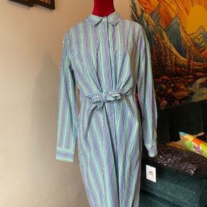 NWT Calvin Klein Long Sleeve Striped Tie waist cotton shirt dress